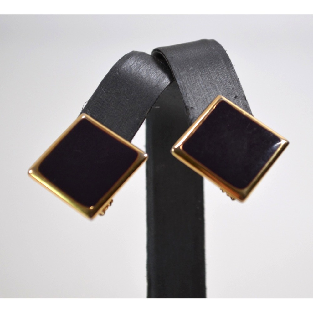 Vintage Napier Gold Tone Clip On Earrings Black Enamel 5/8th Inch Square